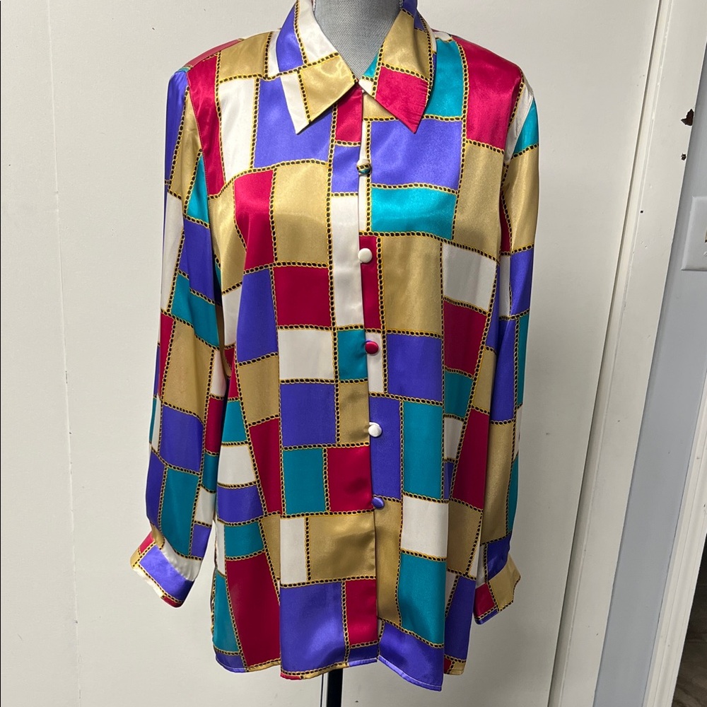 Vintage Colorful Patchwork Button-Up Blouse